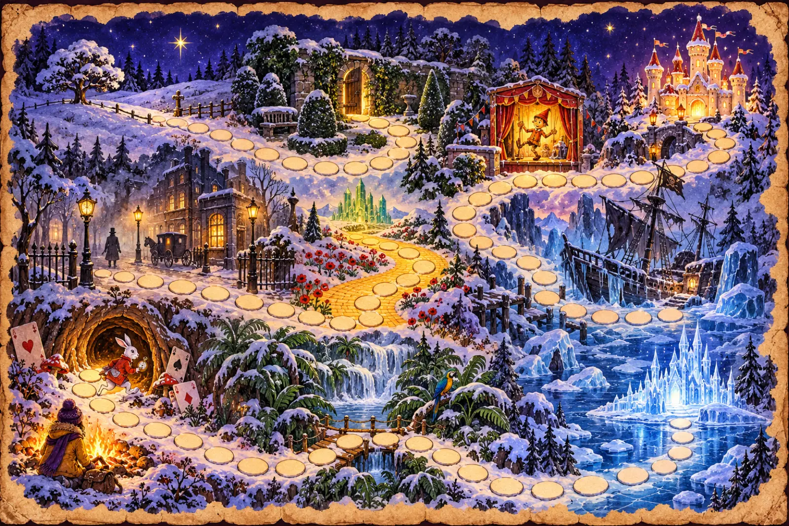 Игровое поле: тропа из клеток ведёт через зимний лес мимо норы Кролика, джунглей, ледяного дворца, корабля и кукольного театра к замку