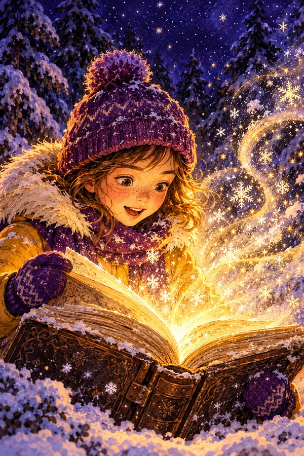 Девочка открыла книгу, из страниц летят золотые искры